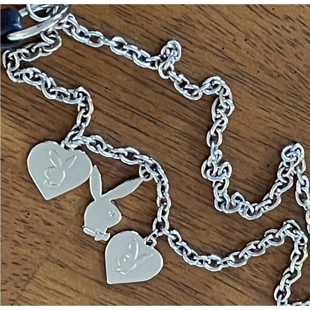 RARE PLAYBOY Belt Dangling Drop Down Charms Silver Chains & Black Leather Belt